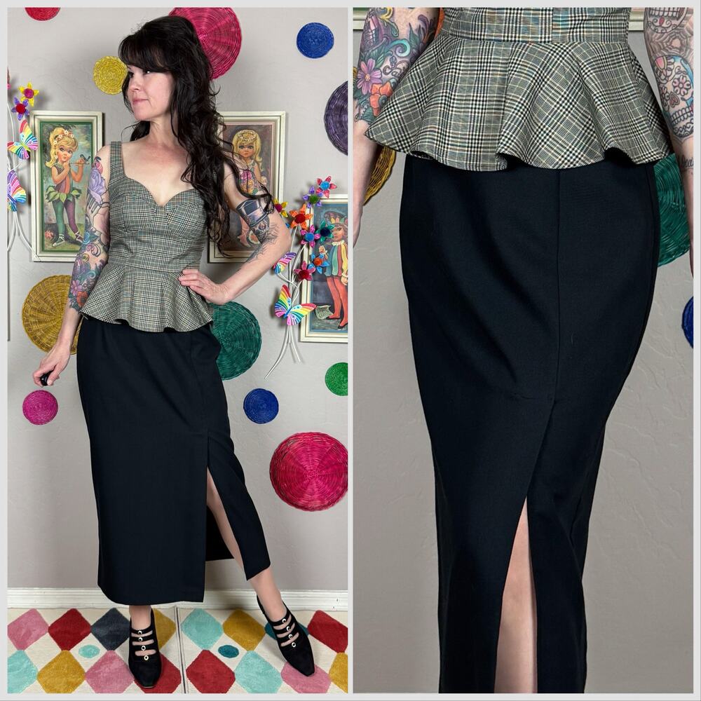 Vintage 1980s Black Side Slit Midi Skirt